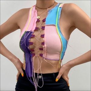 Patchwork Lace Up Crop Top